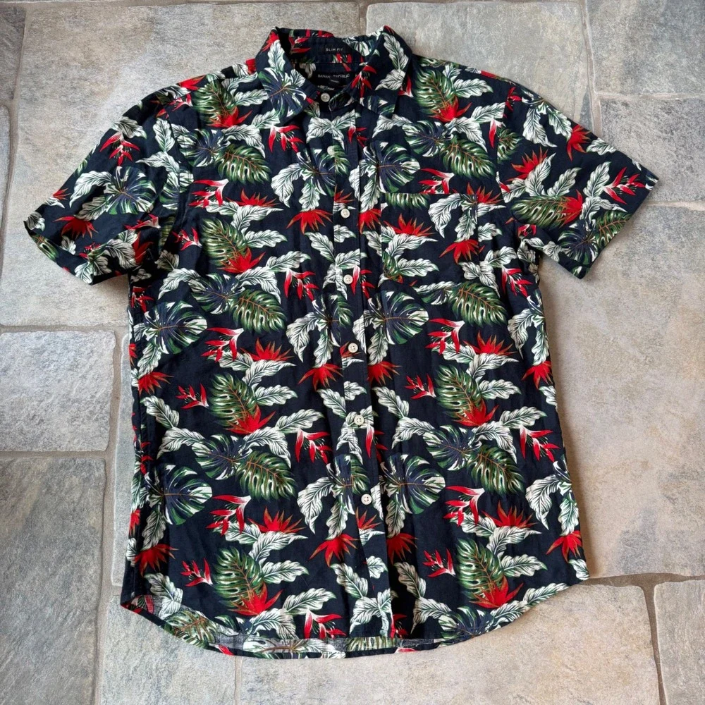 Banana Republic Blue Paradise‎ Linen Slim Fit Shirt M Tropical Hawaiian Print